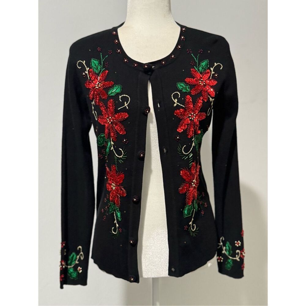 Theme Works by K.I.k.I.T embroidered beaded sequin Christmas sweater S